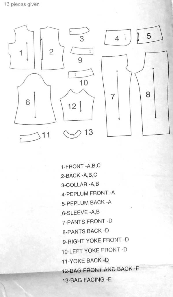 Pattern pieces for the tunic pattern as well as a list of what each piece is