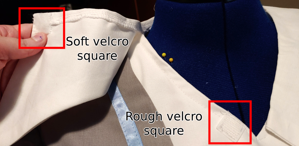 Placement of the velcro pieces on the collar and neckline. The velcro is marked in a red box.